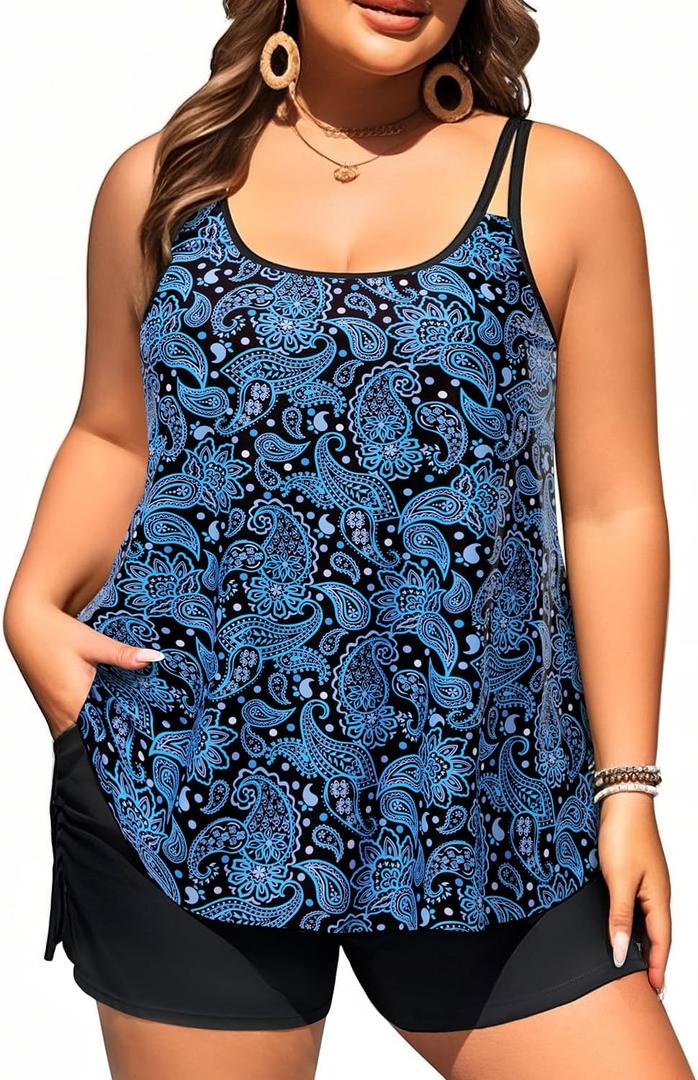 Plus Size Tankini Swimsuits - Women Two Piece Tankini Top with Shorts Flowy Swimsuit 2025 Bathing Suits (Blue Paisley), Size 20W