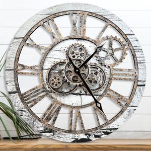 The B-Style Large Wall Clock 24 inch Moving Gear Wall Clock Oversized Vintage Farmhouse Wall Clocks for Living Room Decor Rustic Industrial Wood Clock (Gray and White)