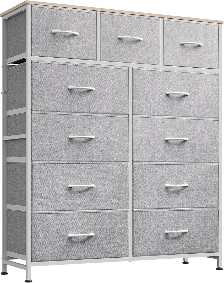 WLIVE Tall Dresser for Bedroom, Fabric Dressers Storage Tower, Dresser & Chest of Drawers Organizer Unit with 11 Drawers, Storage Cabinet, Hallway, Closets, Steel Frame, Wood Top, Light Grey, 11.7"D x 35.6"W x 42.2"H