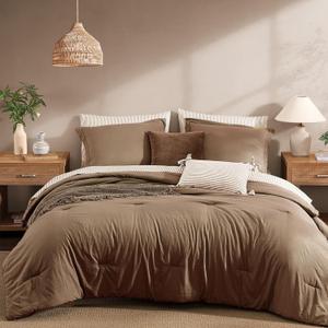 Monbix Queen Comforter Set - 7 Pieces Brown Prewashed Bed in a Bag Queen Bedding Sets with Comforters, All Seasons Ultra Soft Comforter Bed Set with Sheets, Pillowcases & Shams