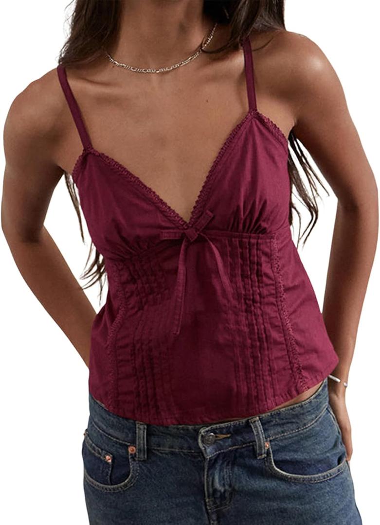 Women Teens Cute Babydoll Tops Y2k Floral Lace Trim Camisole Ruffle Tank Top Summer Flowy Peplum Top Streetwear (S)