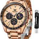 OLEVS Men Skeleton Watches Stainless Steel Analog Quartz Moon Phase Male Watch, Diamond Multi Calendar Chronograph Watch,Waterproof Wrist Watch for Men