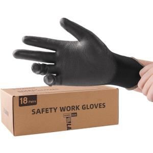 LANON Safety Work Gloves for Men and Women, 18 Pairs Mechanic Black Working Gloves with Grip Odorless PU Coated, Seamless Knit, Full Fingertip Touchscreen for Light Duty Working Gloves, Large