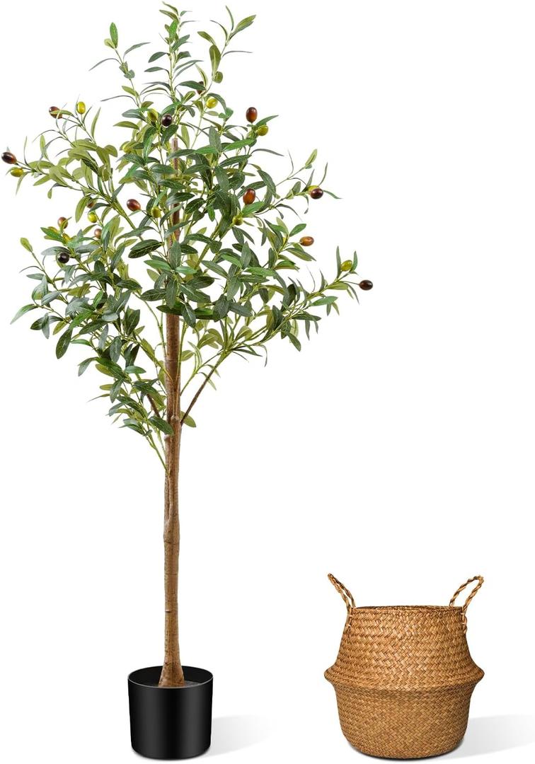 CyanGrove 4FT Artificial Olive Tree Indoor, Tall Faux Olive Tree with Pot&Basket, Large Fake Olive Tree with Realistic 576 Silk Leaves and 32 Fruits for Living Room Home Office Decor