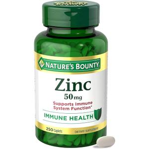Natures Bounty Zinc 50mg, Immune Support & Antioxidant Supplement, Promotes Skin Health, 1 Caplet Per Day, Gluten Free, 250 Vegetarian Caplets, BB Date 03/29