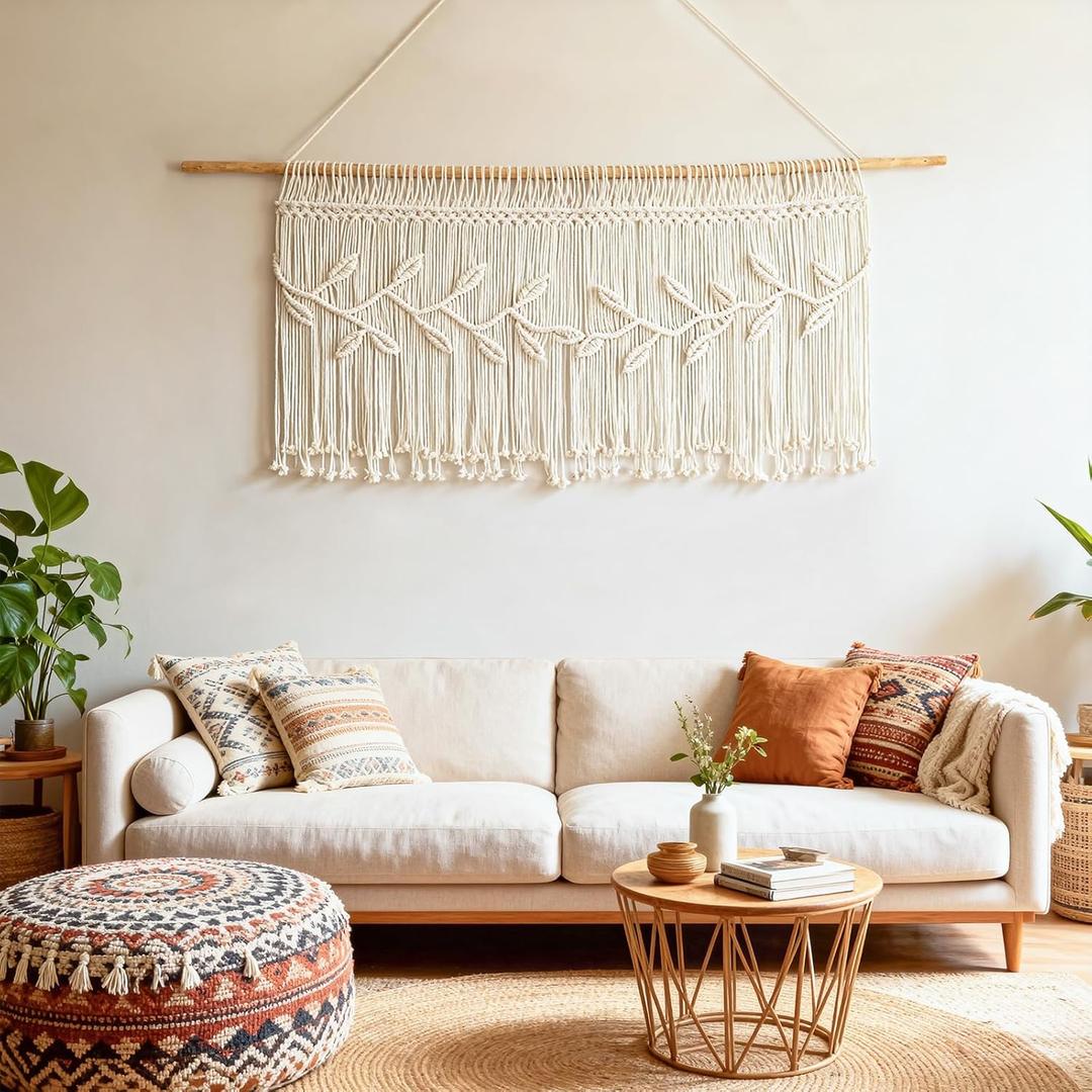 Leeva Boho Kitchen Valances for Windows, Handmade Cotton Woven Leaves Pattern Curtains Valances for Bedroom Living Room, 52" x 21" (Willow Leaf)