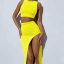 TOPONSKY Women's 2 Piece Crew Neck Sleeveless Tank Top Bodycon Slit Long Skirt Outfits Dress Set (Yellow)