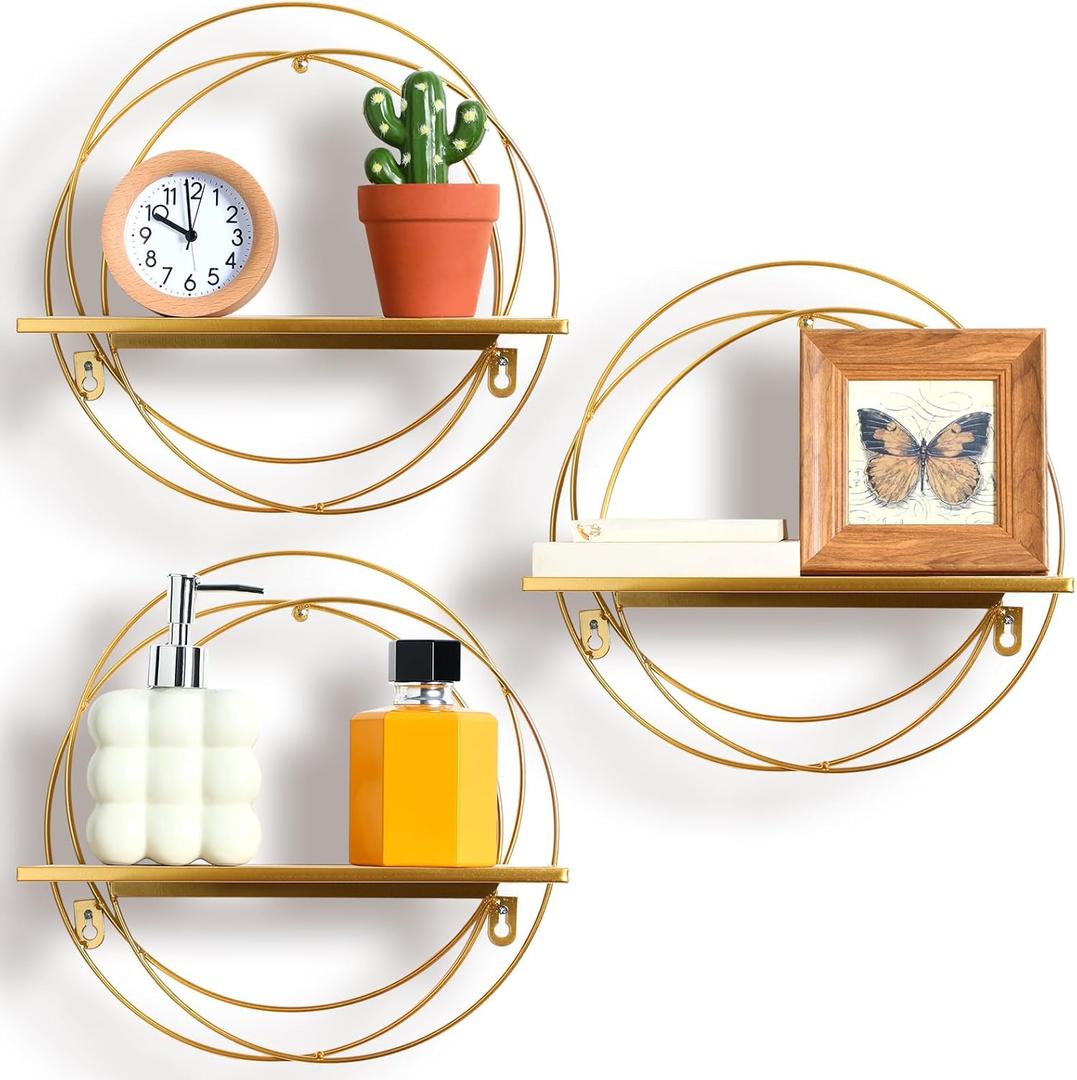 3 Pcs Gold Floating Shelves Wall Mounted Hanging Shelf with Gold Metal Wire and Wood, Foldable Round Shelf Wall Decor for Storage Bedroom Bathroom Living Room Kitchen Office Home Decoration