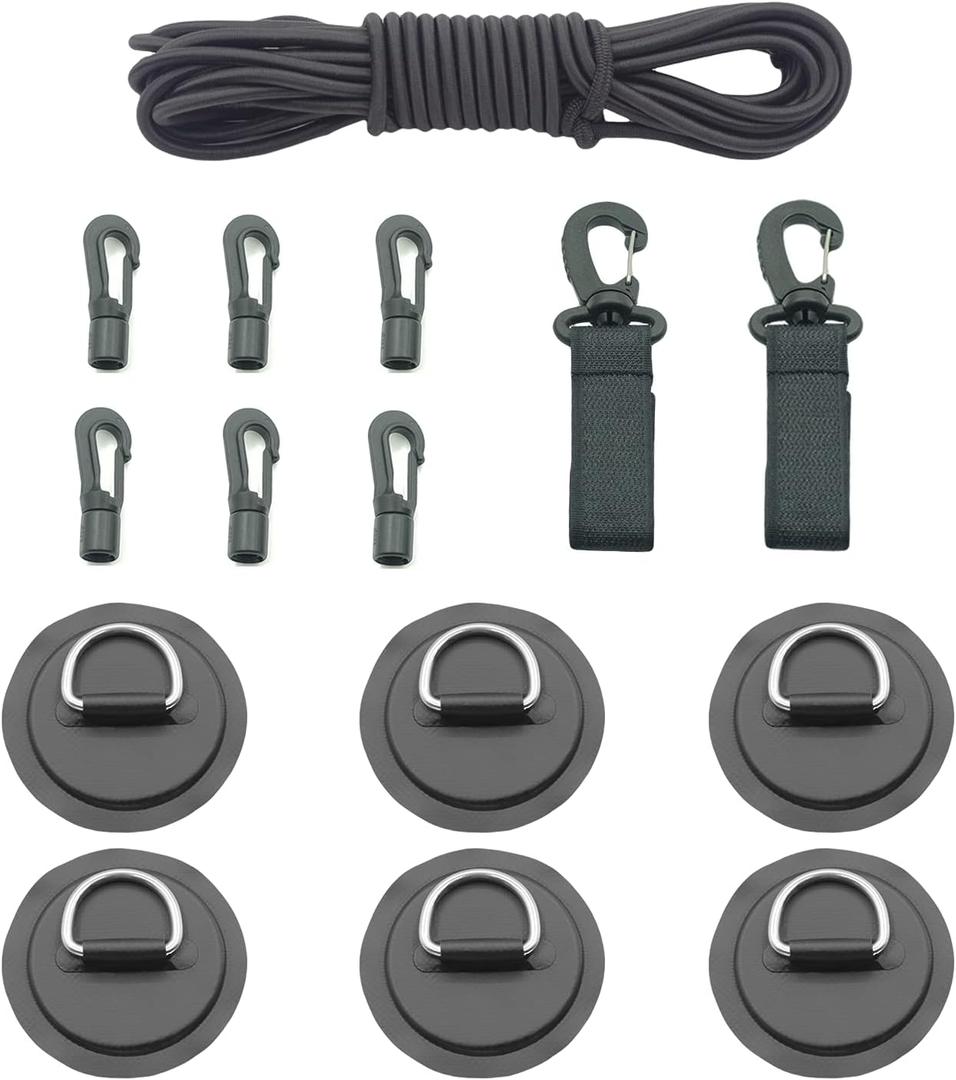 6 DRing Patch Bungee Cords 5mm 6m Elastic Cord Crafting Stretch String 6 Eagle Shock Cord Hooks 2 Kayak Paddle Holder for SUP PVC Inflatable Boat Kayak Canoe Deck Kayak Accessories Black