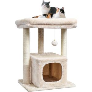 SYANDLVY 27" Cat Tree for Indoor Cats, Activity Tower with Scratching Posts, Modern Kitten Condo with Plush Perch & Hanging Ball for Play, Beige