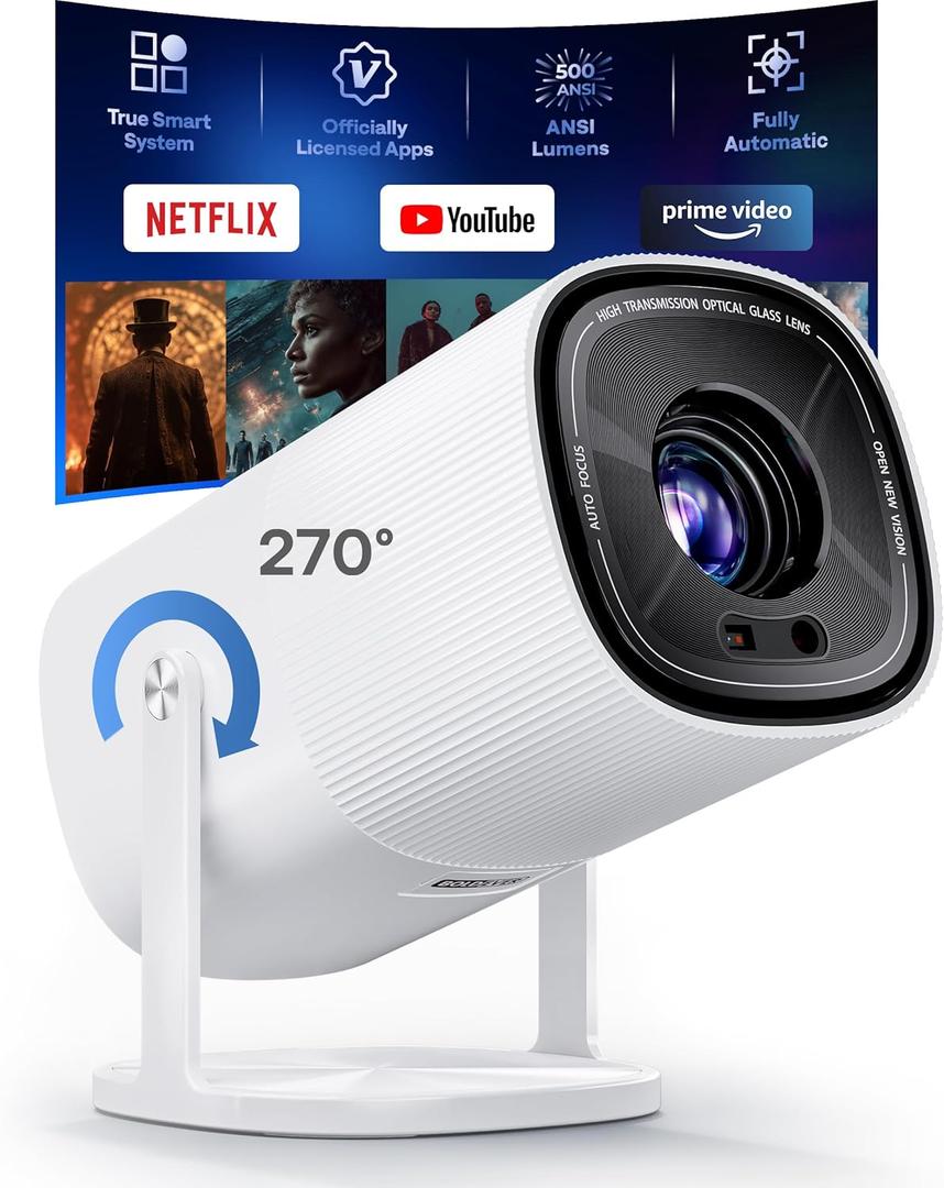 Built-in Officially-Licensed Apps & 500 ANSI Lumens & Full AutomaticBoldEver 2026 Upgraded Mini Smart Projector with WiFi 6 and Bluetooth, 270 Adjustable Stand, Movie Projector Indoors Outdoors (White)