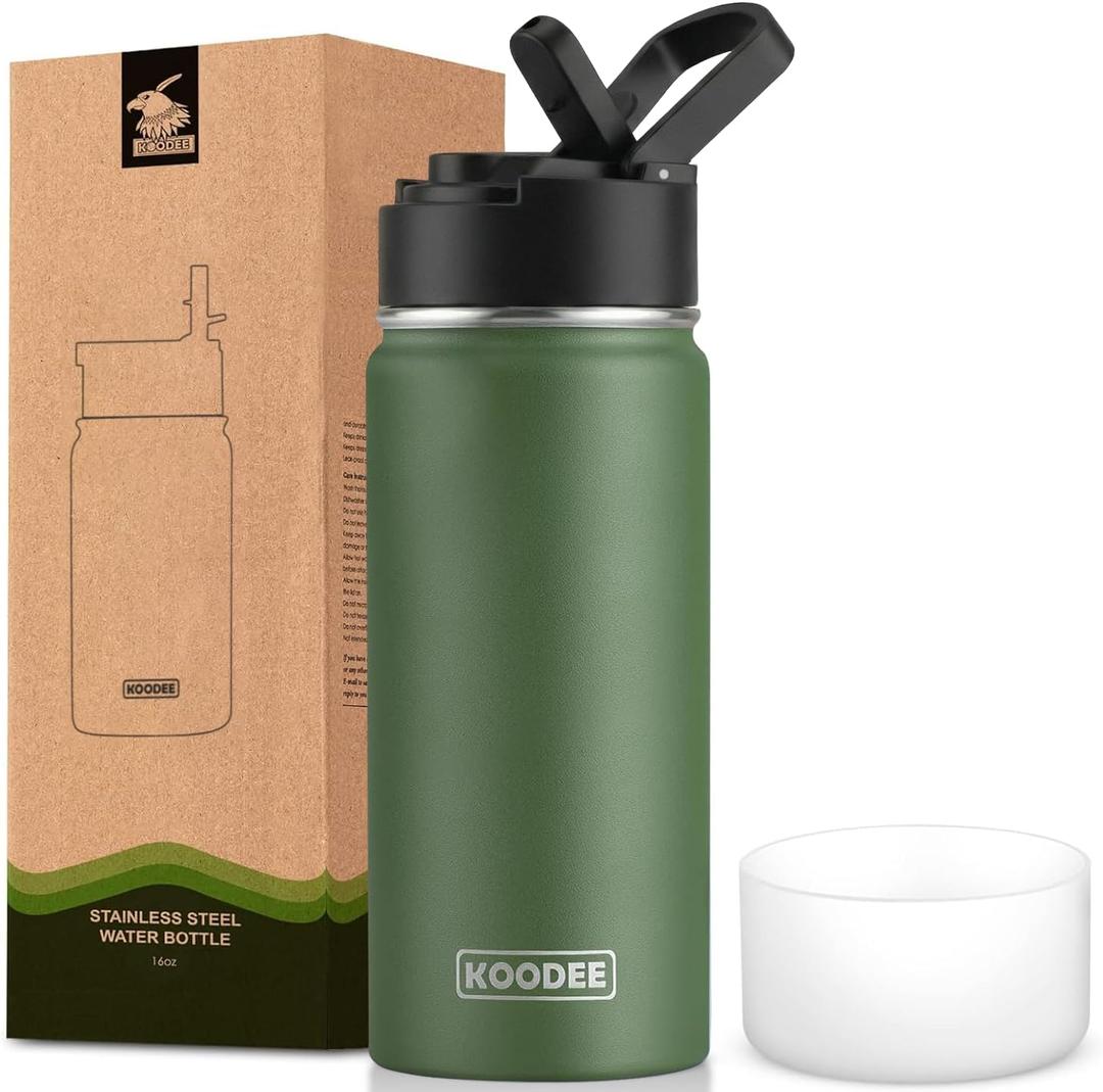 koodee Water Bottle-16 oz Stainless Steel Double Wall Vacuum Insulated Sports Water Bottle with Straw for Girls and Boy (Grass Green)