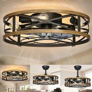 Caged Ceiling Fan with Lights,20in Low Profile Ceiling Fan, Small Rustic Industrial Farmhouse Ceiling Fans with Lights, Reversilbe Flush Mount Fandaliers Fan Light Ceiling Fixture for Bedroom Kitchen