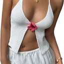 Milumia Women's Floral Tie Backless Halter Top Sexy Deep V Neck Split Sleeveless Crop Tops (White, M)