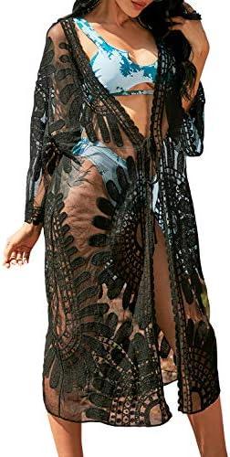 Blooming Jelly Womens Bathing Suit Cover Up 3/4 Sleeve Mesh Swimsuit Coverup Long Floral Beach Lace Kimono Summer Cardigan