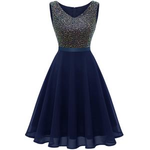 Dressystar 2026 Women's V Neck Short Sequin Prom Dress Glitter A-line Swing Cocktail Party Dresses Knee Length Navy S (S)