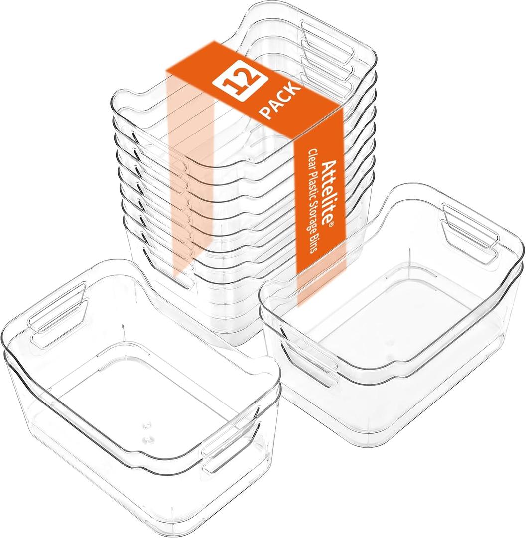 Attelite 12 Pack Clear Plastic Storage Bins, Multi-Use Pantry Organizers and Storage, Pantry Organizer Containers for Home, Kitchen, Freezer, Fridge, Cabinet, Bathroom and Under Sink Organizing