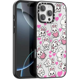 for iPhone 16 Pro Max Case TPU+PC Premium Painted Anti-Drop Phone Case Superior Shock Absorption Military-Grade Drop Protection Pink Heart Cute Bunny Phone Case