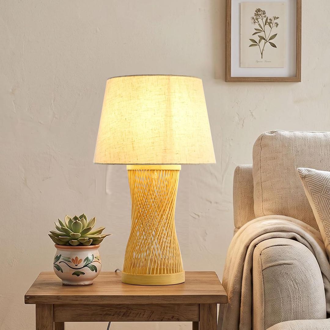 Boho Table Lamp, 17" Bamboo Bedside Lamp for Living Room