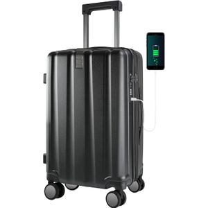 KROSER Hardside Expandable Carry On Luggage with Spinner Wheels & Built-in TSA Lock, Durable Suitcase Rolling Luggage with USB Port, Carry-On 20-Inch, Black
