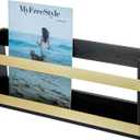 MyGift Black Solid Wood and Brass Metal Magazine Display Rack, Wall Mountable Double Wide Book Holder or Standing Organizer Black