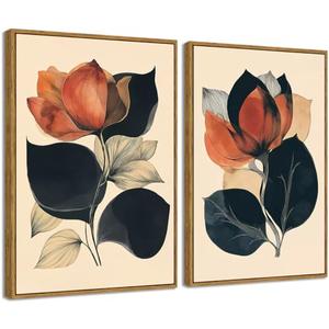 Framed 2pcs Boho Flower Wall Art Orange and Black Abstract Floral Canvas Mid Century Modern Wall Decor Botanical Prints Posters Pictures for Living Room Bedroom Home Decor 24"x16"x2