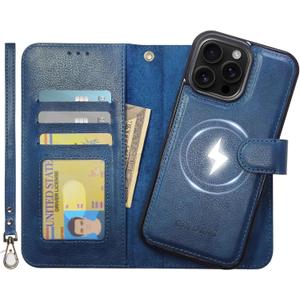 Case Wallet for iPhone 16 Pro Max Wallet Case, Detachable Leather Cover with Card Holder, Strong Magnetic Compatible with MagSafe Wireless Charging, Kickstand Shockproof Cover 6.9 inch, Blue
