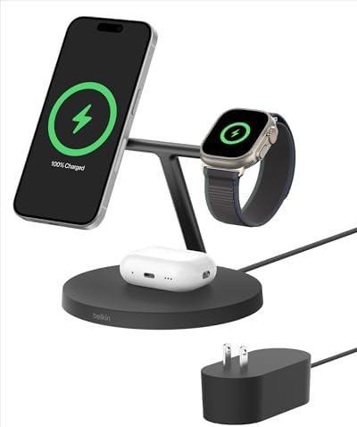 Belkin MagSafe-Compatible Charger, 3-in-1 Wireless Charging Station, Qi2-Certified 15W Wireless Charge for Apple iPhone 16 Series, Apple Watch, AirPods w/Non-Slip Base, 40W Included - Black