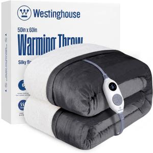 Westinghouse Heated Throw Blanket, Electric Blanket Throw with 6 Heating Levels and 2-10 Hours Time Settings, Flannel to Sherpa Super Cozy Heated Blanket Machine Washable, 50x60 inch, Charcoal