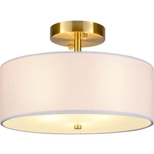 12.6" Semi Flush Mount Ceiling Light Fixture, 3 Light Gold Drum Light Fixtures with White Fabric Shade, Modern Close to Ceiling Lighting for Living Room, Bedroom, Hallway, Entry, Foyer