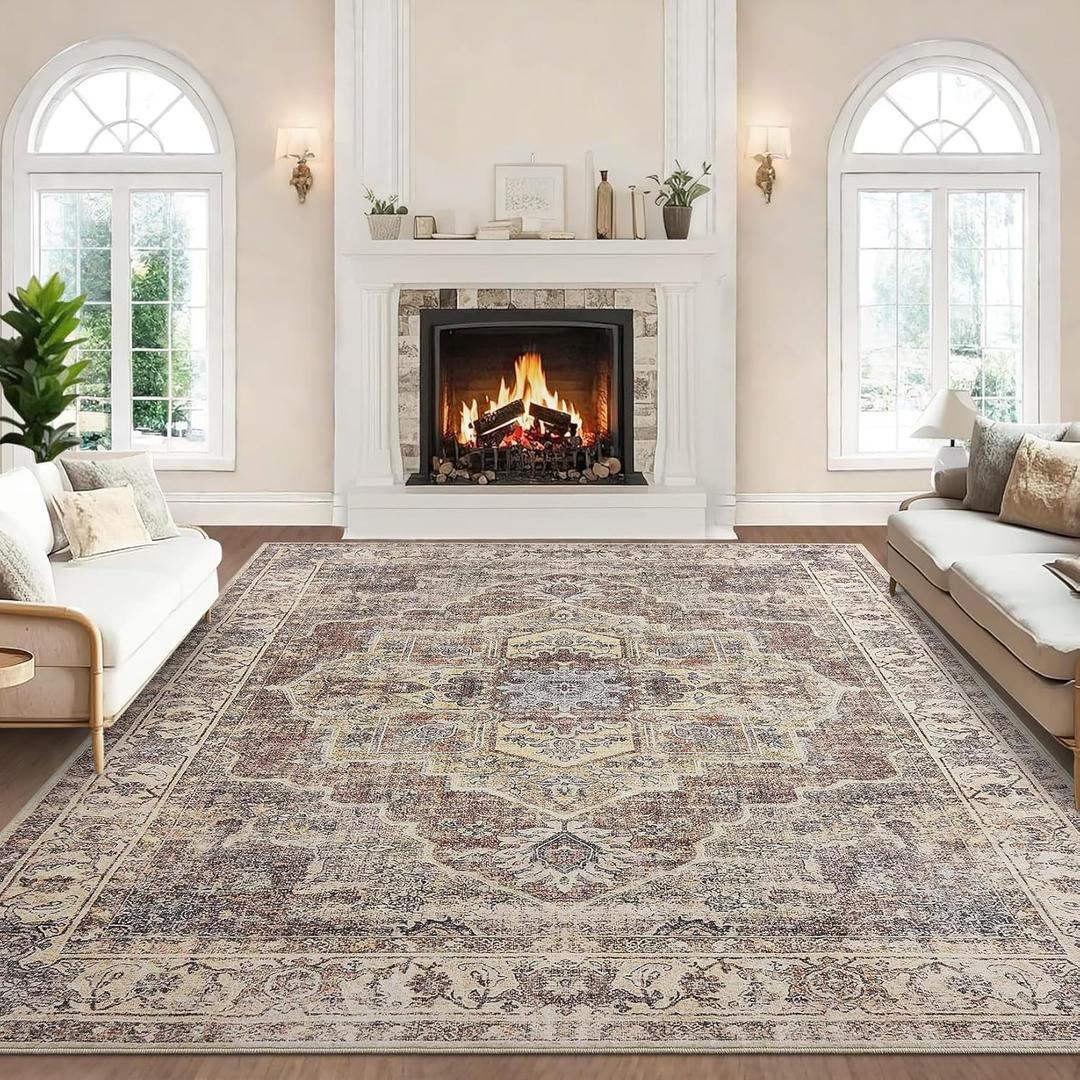Area Rug for Living Room - Mechine Washable Non-Slip Vintage Rugs for Bedroom - Low Pile Thin Large Floor Carpet for Dinning Room Home Office (Vintage Brown, 9'x12')