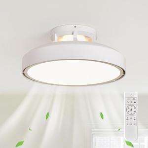 Modern Bladeless Ceiling Fans with Lights and Remote, 18.9" White Embedded Ceiling Fan Light, Flush Mount Dimmable LED Chanelier Fan for Bedroom Kids Room