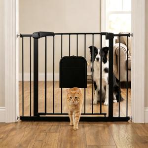 Metal Pet Gate with Cat Door, Adjustable Dog Gate for Doorways & Stairs, Pressure Mounted, Auto-Close, No Tools Needed, 29-45 Inches, Black
