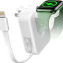 For Apple Watch Charger Block, 2 in 1 Wall Charger with Built-in Retractable Charging Cable, Travel Foldable Plug Power Adapter Compatible with iPhone iWatch (White)