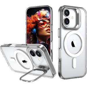 IDweel for iPhone 17 Case with Built-in Camera Stash Stand, Compatible with MagSafe, Slim Fit & Lightweight, Magnetic Hard Back Soft Edge Anti-Yellow Anti-Fingerprint Flexible Shockproof Cover,Clear