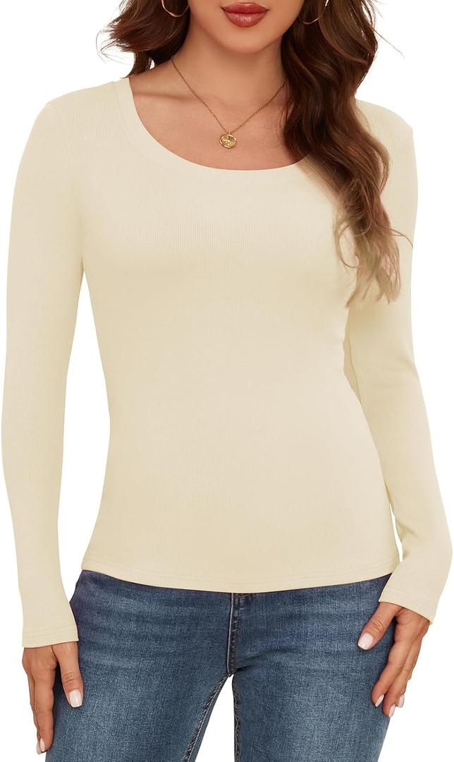 AUHEGN Womens Long Sleeve Scoop Neck Ribbed Knit Fitted Casual Tops Tee Slim Basic Shirts Beige Medium