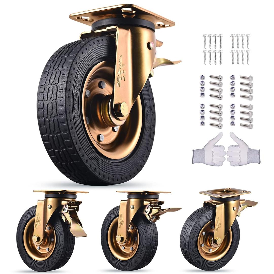 Caster Wheels Solid Rubber Heavy Duty Casters Set of 4 with Brake 3200Lbs 8 Inch Industrial 360-Degree Swivel Top Plate Castors Wheels for Furniture and Workbench Cart(Two Hardware Kits Include)