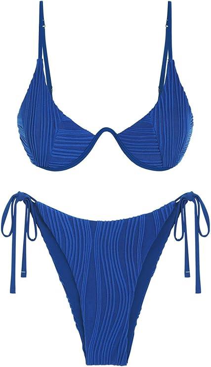 ZAFUL Women's Textured Underwire Bikini Set V Notch High Cut Swimwear Tie Side Ribbed Sexy Swimsuits (X-Small, Blue)