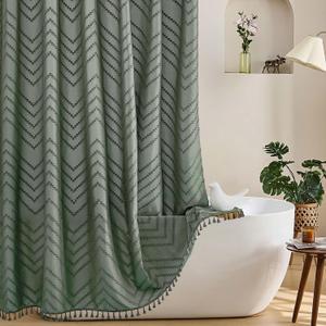 Boho Extra Long Sage Green Shower Curtain with Tassel, Woven Fabric, Tufted Chevron Striped, 72 x 78, Modern Chic Textured Minimalist