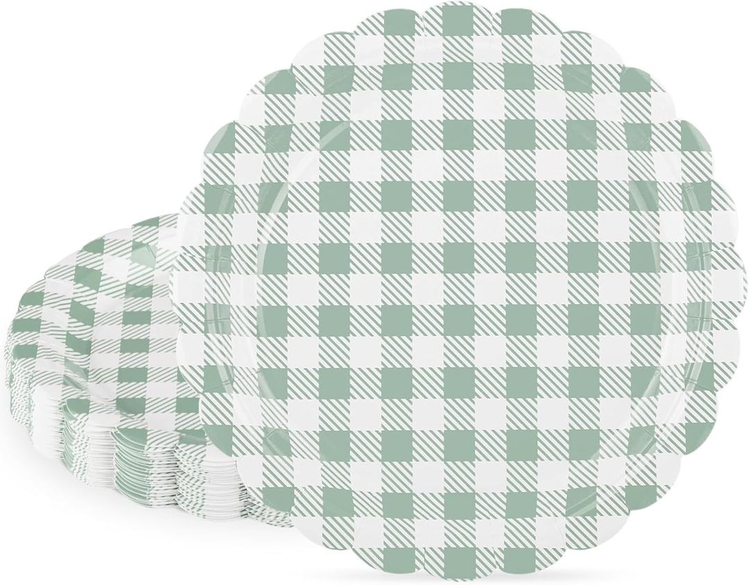 NatNarr 30 Pcs Sage Green Gingham Plates, 7 Inch Scalloped Easter Dessert Cake Party Plates Green and White Gingham Party Supplies Plaid Checkered Plate for Farmer Market, Bridal Baby Shower, Picnic