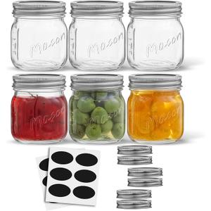 JoyJolt 8 Oz Mason Jars With Lids, Labels and Measures! 6-Pack Regular Mouth Mason Jars, Glass Jar with Lid and Band. Airtight Canning Jars, Overnight Oats Jars, Salad Jars, Sourdough Starter Jar