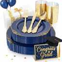 Nervure 175PCS Blue Plastic Plates - Blue Gold Plastic Dinnerware Set Disposable Include 50 Plates for Dinner and Dessert, 25Knives, 25Spoons, 25Forks, 25Cups, 25Napkins for Weddings & 4th of July (Navy)