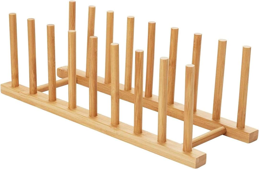 HBlife Bamboo Dish Plate Bowl Cup Book Pot Lid Cutting Board Drying Rack Stand Drainer Storage Holder Organizer Kitchen CabinetKeep Dry (Bamboo 8 Slots 1pcs)