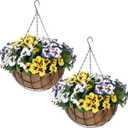 Canlierr 2 Pack Artificial Hanging Flowers in Basket for Spring Summer Outdoor Decor Fake Hanging Plant Faux Pansy Flower with 12 Inch Coconut Lining Basket for Patio Garden Porch Home(Colorful)