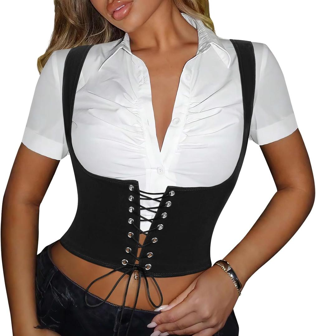 TRUWORKS Lace Up Corset Suede Bustier Women's Waist Trainer Tank Steampunk Underbust Corset for Halloween Pirate Costume (Medium)