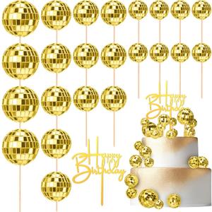 Teenyyou 24 Pcs Disco Ball Cupcake Toppers Happy Birthday Cake Topper 1970s Retro Cake Decorations Shiny Pink Mini Disco Ball Toppers for 70s 80s Theme Party Supplies(Gold)