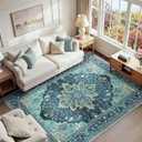 Area Rugs 6'x9' Washable Non-Slip, Floral Vintage Distress Print Pattern Medallion Carpet for Living Room Bedroom Dining Room, Teal Green Lake Blue Turquoise