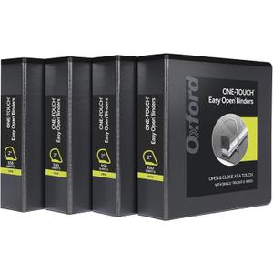 Oxford 3 Ring Binders, Binders for School and Office, 2 Inch ONETouch Easy Open D Rings, 3Sided View Binder Covers, Xtralife Hinge, NonStick, PVCFree, Black, 530Sheet Capacity, 4 Pack (79911)