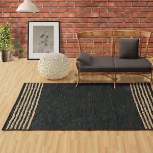 GRUHUM Jute Area Rug 6x9 ft- Natural Fiber Black Rectangular Leather Handwoven Boho Farmhouse Soft Braided Rustic Vintage Eco Friendly Rug -Indoor Outdoor Livingroom Kitchen Hallways Enterways 6x9 ft