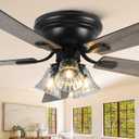 52 Inch Flush Mount Farmhouse Ceiling Fans with Lights and Remote Control, 5 Reversible Blades Vintage Low Profile Ceiling Fan with 3-Light 6 Speeds for Living Room Bedroom Kitchen